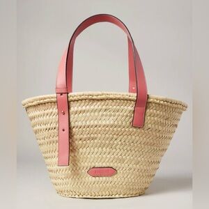 Poolside Essaouira Medium Woven Palm Straw Tote Bag Pink Leather Handles